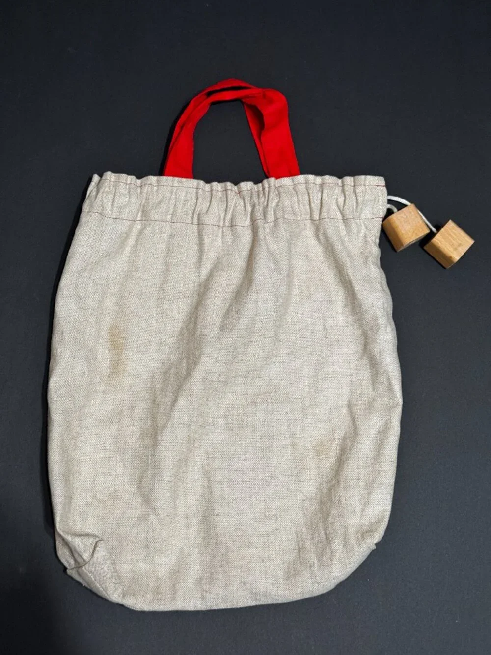 Double Handle Pouch Bag with Wood Block Aglet Drawcord, Natural Canvas
